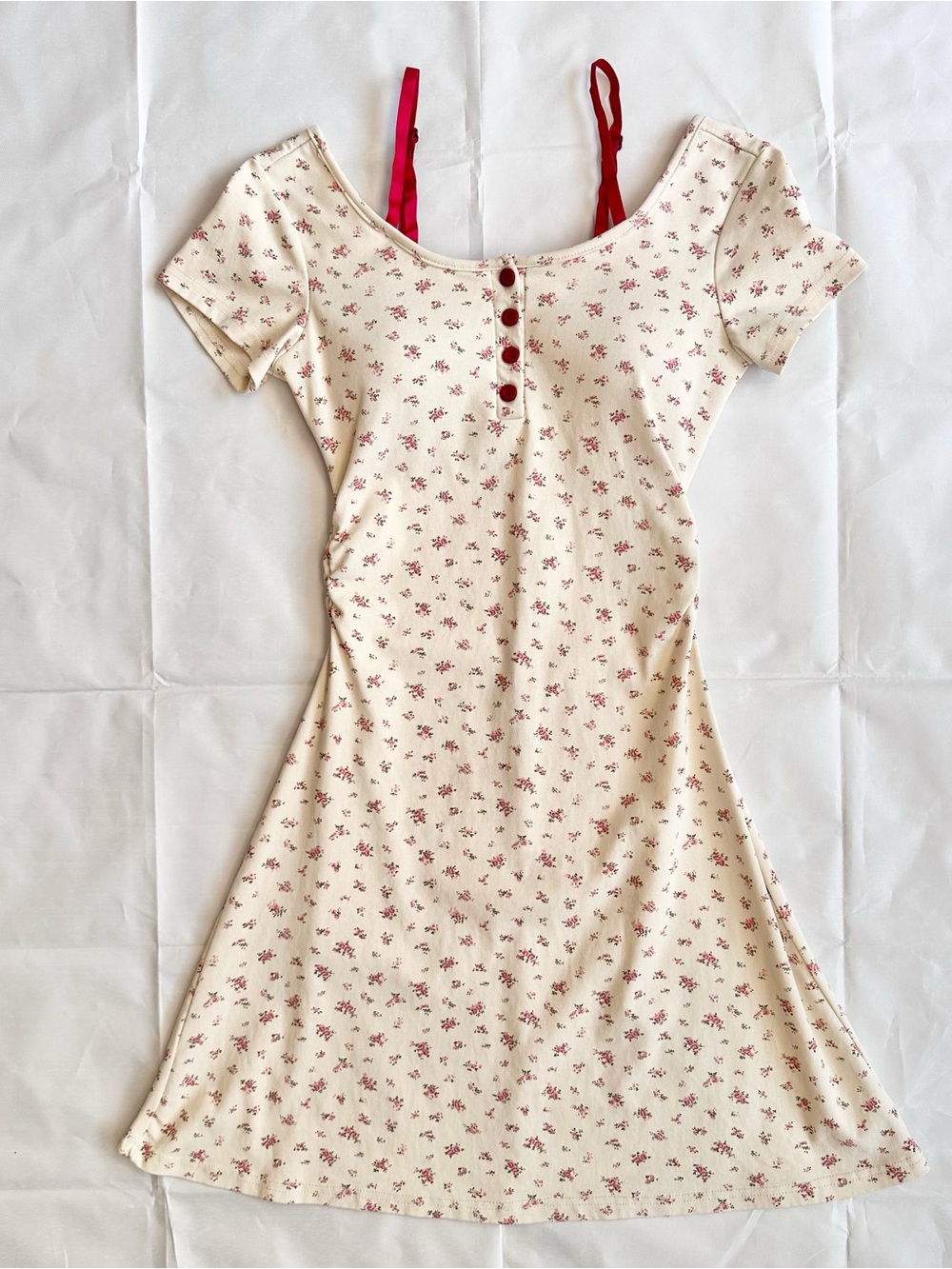 Cream red floral padded dress, small